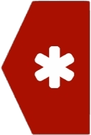 White asterisk symbol on a red background with a hexagonal shape.