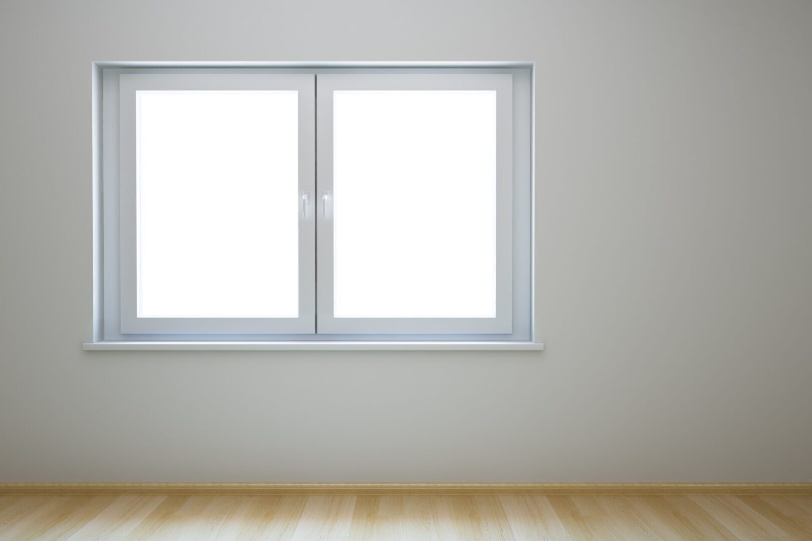 Empty room with a large double window and wooden floor.