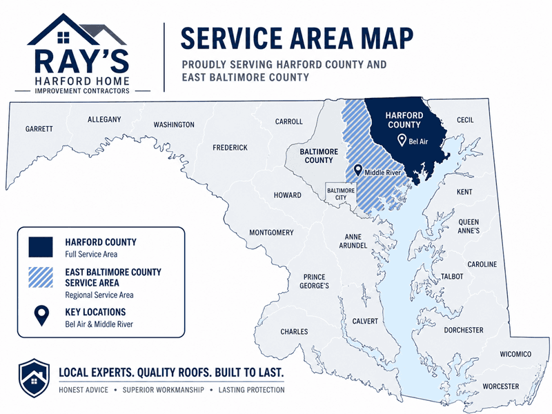Roofing service areas in Harford County and East Baltimore County served by Ray’s.